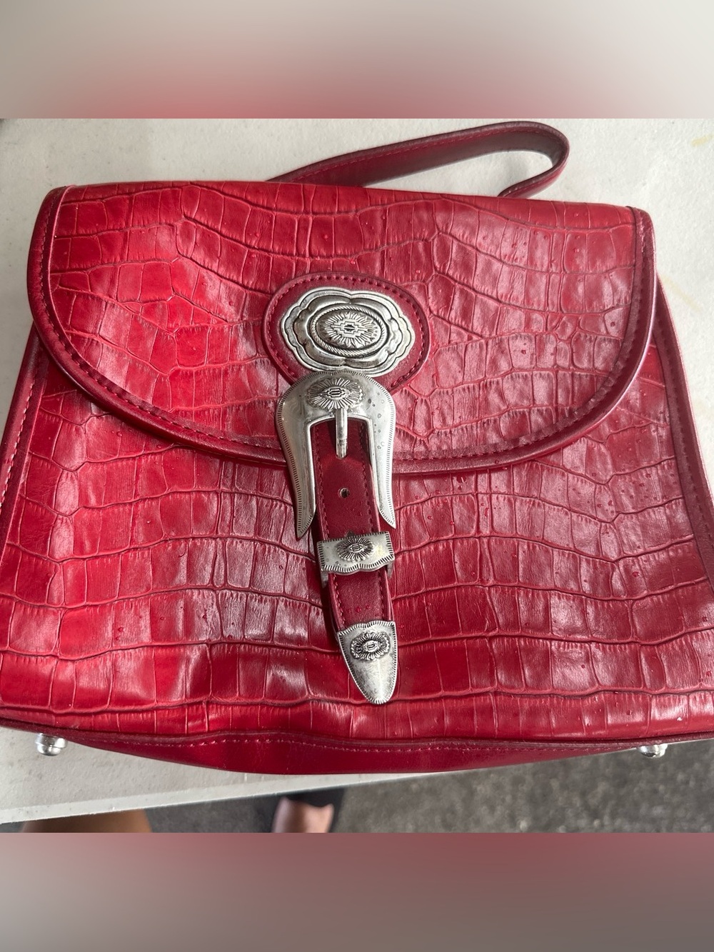 Red Croc-Embossed Buckle Shoulder Bag